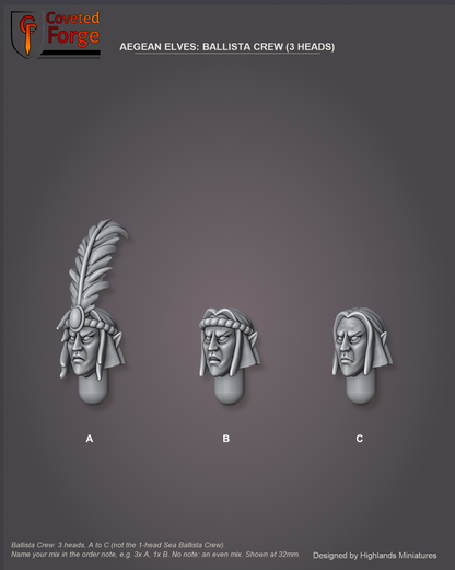 Coveted Forge bits sheet: Heads, Aegean Elf Heads Ballista Crew style guide, 3 different heads lettered A to C to name in the order note (not the one-head Sea Ballista Crew style, shown on the scale reference), shown at 32mm, resin heads by Highlands Miniatures.