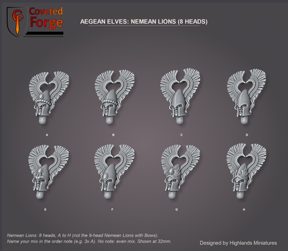 Coveted Forge bits sheet: Heads, Aegean Elf Heads Nemean Lions style guide, 8 different heads lettered A to H to name in the order note (not the 9-head Nemean Lions with Bows style), shown at 32mm, resin heads by Highlands Miniatures.