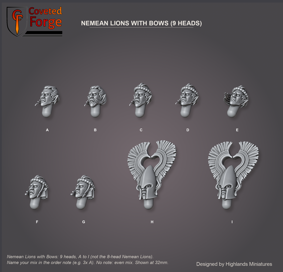 Coveted Forge bits sheet: Heads, Aegean Elf Heads Nemean Lions with Bows style guide, 9 different heads lettered A to I to name in the order note (not the 8-head Nemean Lions style), shown at 32mm, resin heads by Highlands Miniatures.