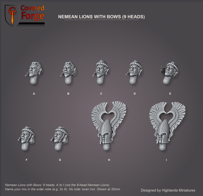 Coveted Forge bits sheet: Heads, Aegean Elf Heads Nemean Lions with Bows style guide, 9 different heads lettered A to I to name in the order note (not the 8-head Nemean Lions style), shown at 32mm, resin heads by Highlands Miniatures.