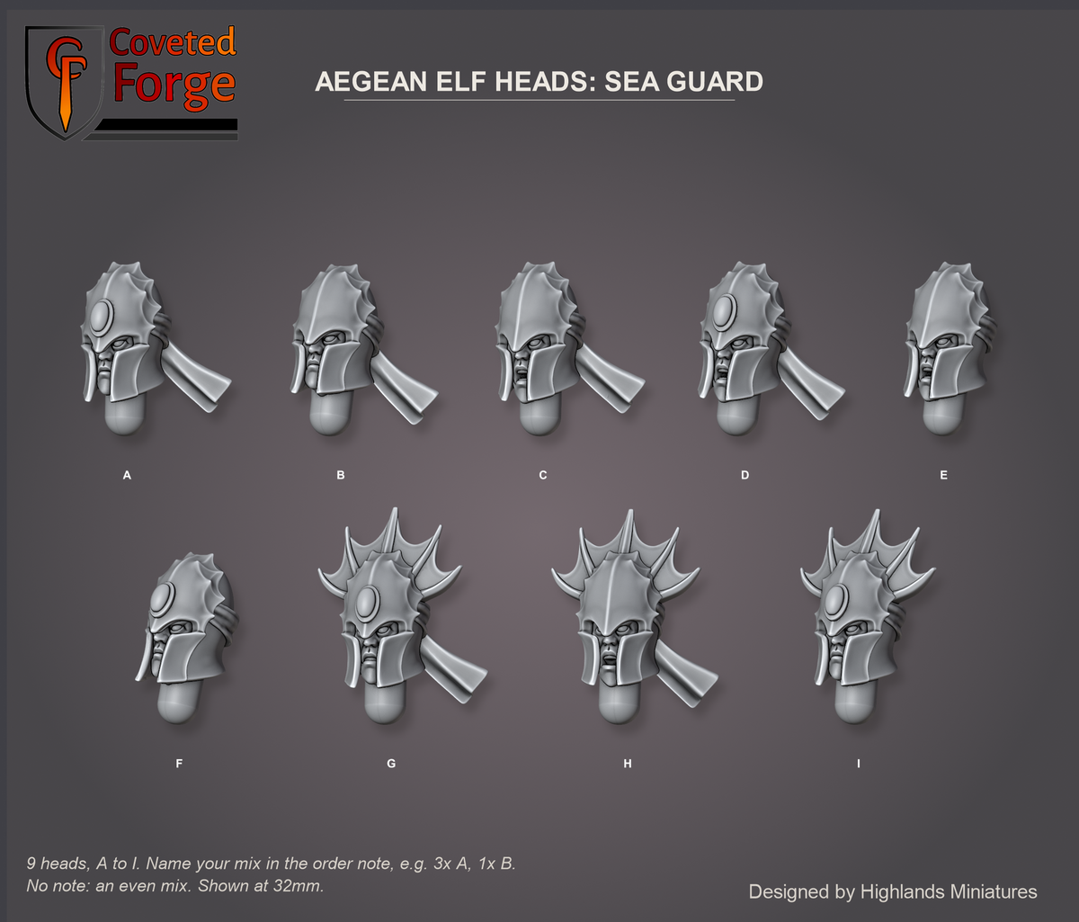 Coveted Forge bits sheet: Heads, Aegean Elf Heads Sea Guard style guide, 9 different heads lettered A to I to name in the order note, shown at 32mm, resin heads by Highlands Miniatures.
