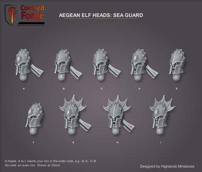 Coveted Forge bits sheet: Heads, Aegean Elf Heads Sea Guard style guide, 9 different heads lettered A to I to name in the order note, shown at 32mm, resin heads by Highlands Miniatures.