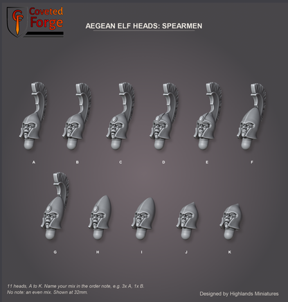 Coveted Forge bits sheet: Heads, Aegean Elf Heads Spearmen style guide, 11 different heads lettered A to K to name in the order note, shown at 32mm, resin heads by Highlands Miniatures.