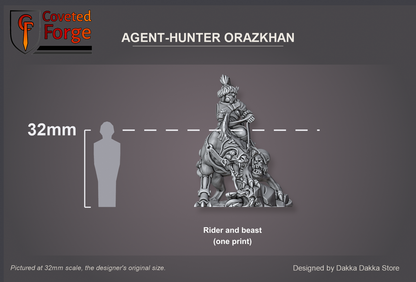 Coveted Forge scale reference: Agent-Hunter Orazkhan, rider and beast in one print, beside a 32mm human silhouette