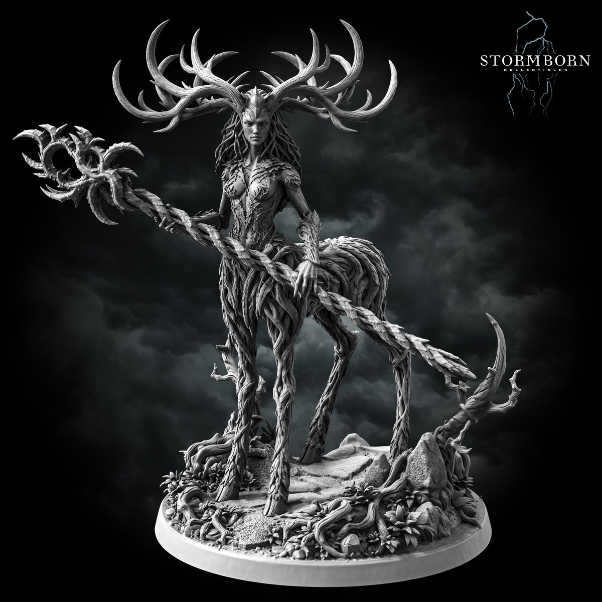 Aldara, Empress of the Life Realm, antlered deer-centaur with a thorned staff on a mossy rock plinth, front view, resin display miniature by Stormborn Collectibles
