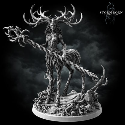 Aldara, Empress of the Life Realm, antlered deer-centaur with a thorned staff on a mossy rock plinth, front view, resin display miniature by Stormborn Collectibles