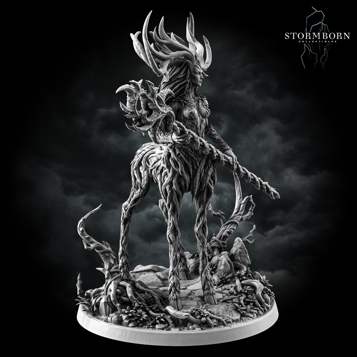 Aldara, Empress of the Life Realm, rear view of the antlers, bark body and four legs on the plinth, resin display miniature by Stormborn Collectibles