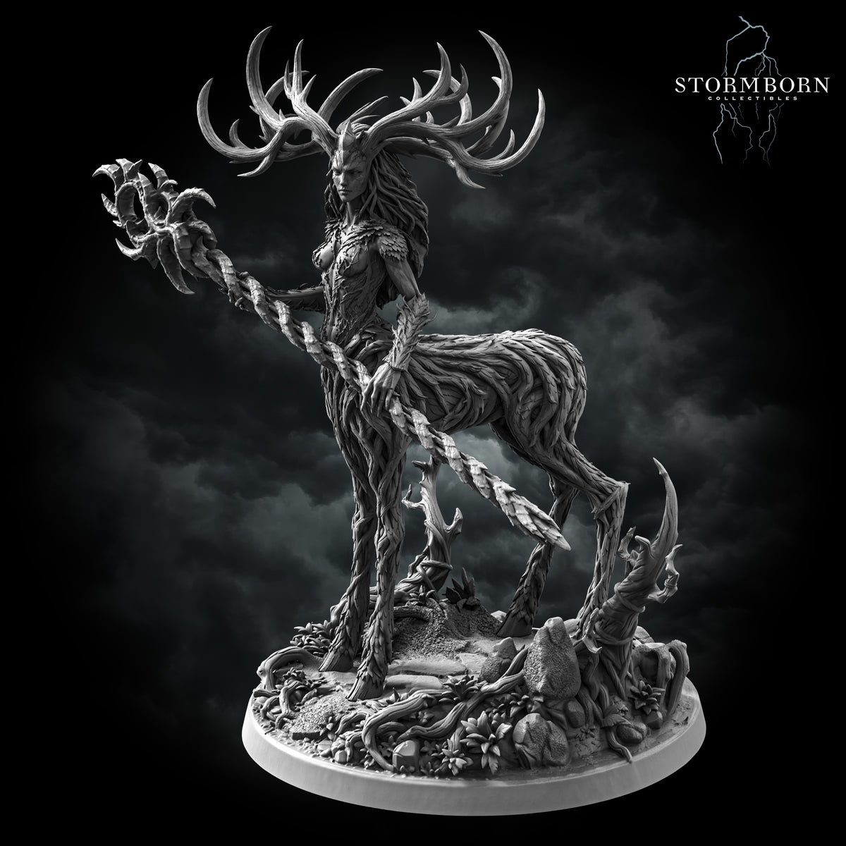 Aldara, Empress of the Life Realm, side view with the thorned staff across the body and the plinth branch, resin display miniature by Stormborn Collectibles