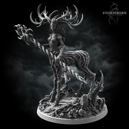 Aldara, Empress of the Life Realm, side view with the thorned staff across the body and the plinth branch, resin display miniature by Stormborn Collectibles