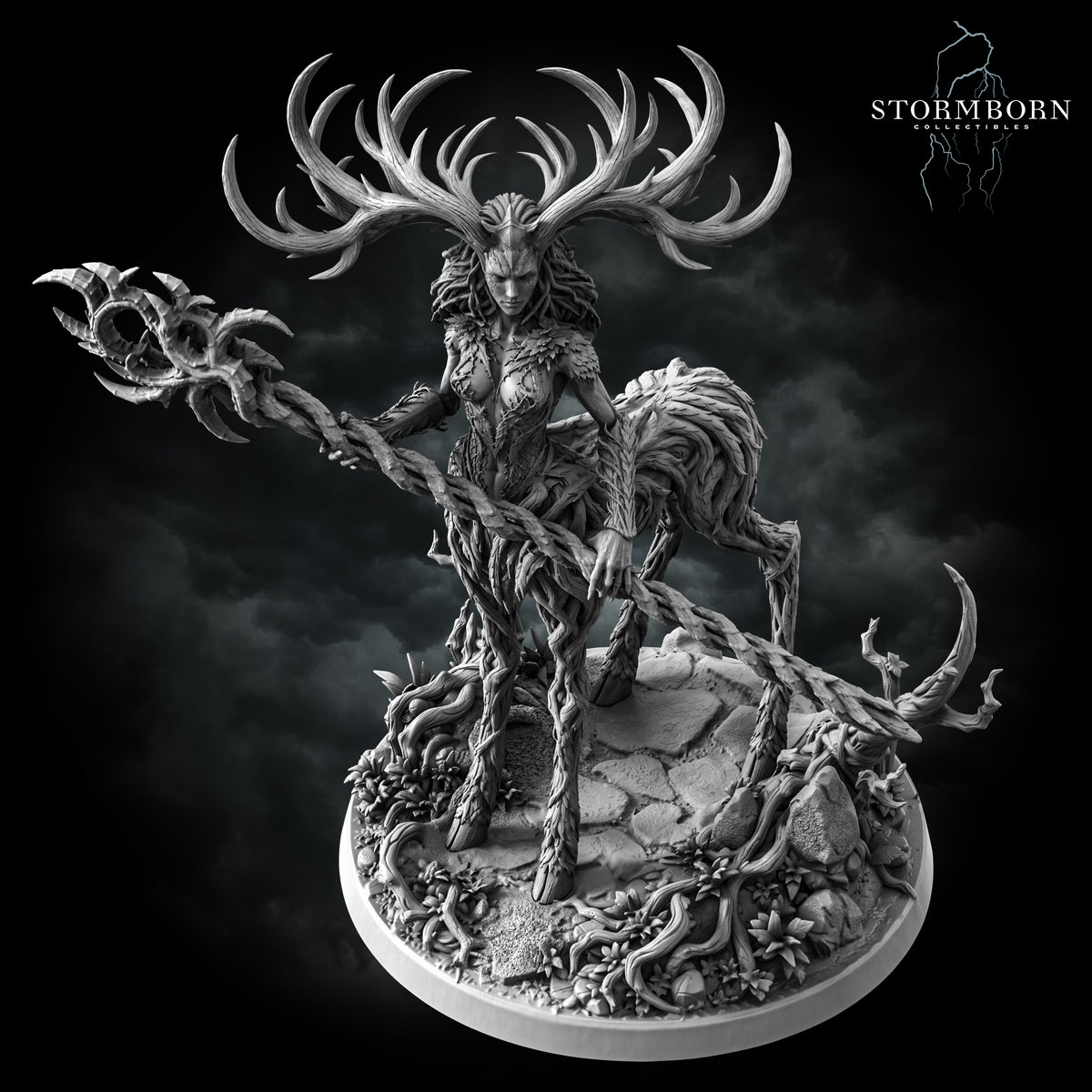 Aldara, Empress of the Life Realm, three-quarter view of the antler crown and the flowered rock plinth, resin display miniature by Stormborn Collectibles