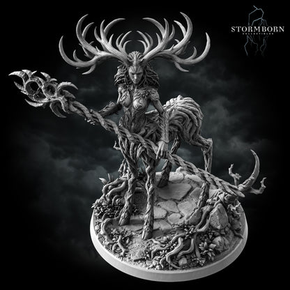 Aldara, Empress of the Life Realm, three-quarter view of the antler crown and the flowered rock plinth, resin display miniature by Stormborn Collectibles