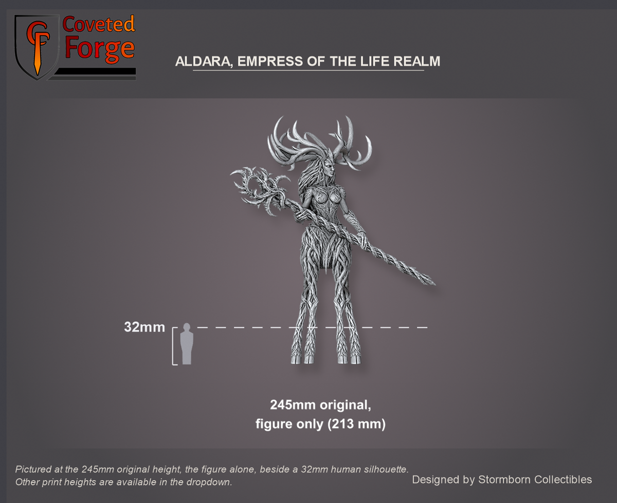 Coveted Forge scale reference: Aldara, Empress of the Life Realm, the figure alone at the 245mm original height beside a 32mm human silhouette; other print heights in the dropdown