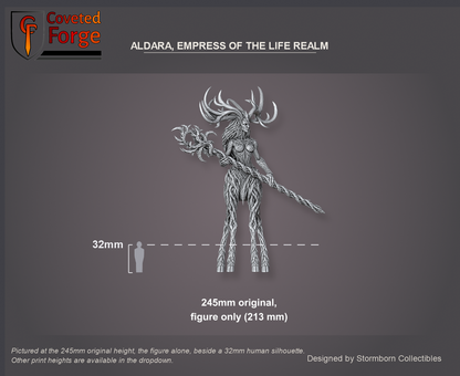 Coveted Forge scale reference: Aldara, Empress of the Life Realm, the figure alone at the 245mm original height beside a 32mm human silhouette; other print heights in the dropdown