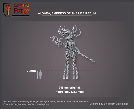 Coveted Forge scale reference: Aldara, Empress of the Life Realm, the figure alone at the 245mm original height beside a 32mm human silhouette; other print heights in the dropdown