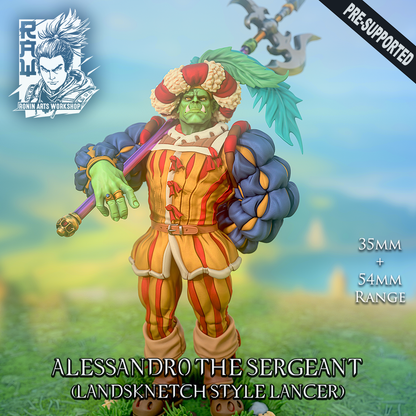 Alessandro the Sergeant, orc Landsknecht halberdier miniature in colour, designer render by Ronin Arts Workshop.