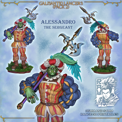 Alessandro the Sergeant, front, back and close-up views, Galisantio Lancers pack 2, designer render.