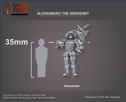 Coveted Forge scale reference: Alessandro the Sergeant at 35mm scale beside a 35mm human silhouette; also offered at 54mm.