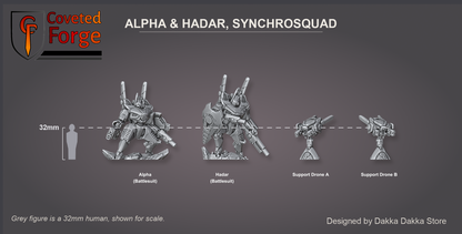Alpha, Hadar and both support drones (A and B) shown at 32mm scale beside a 32mm human reference figure, labelled to match the model dropdown