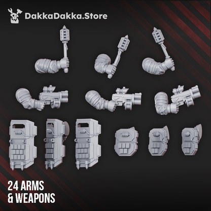 Alcat Heavy Mules arms and weapons: shock maces, grenade launchers, tower shields and small shields, Dakka Dakka Store render