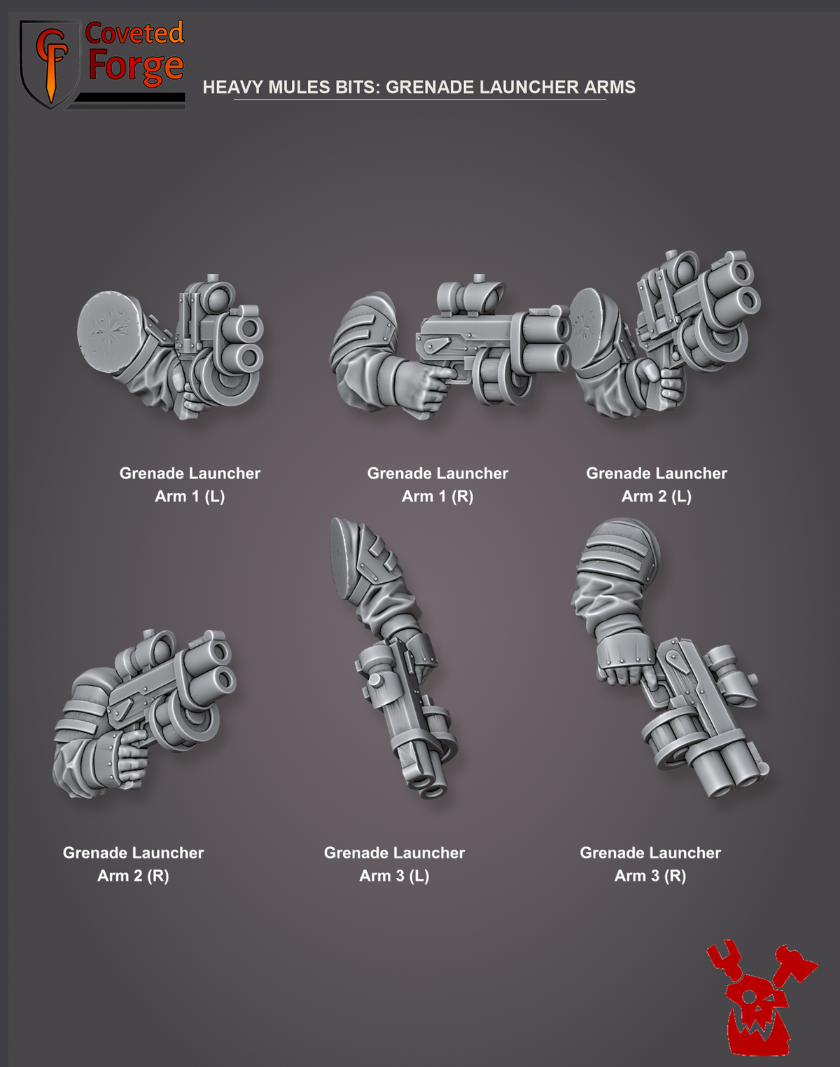 Coveted Forge bits sheet: Grenade Launcher Arms (2 of 5), Alcat Heavy Mules build kit, every part labelled as in the dropdown