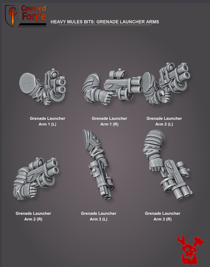 Coveted Forge bits sheet: Grenade Launcher Arms (2 of 5), Alcat Heavy Mules build kit, every part labelled as in the dropdown