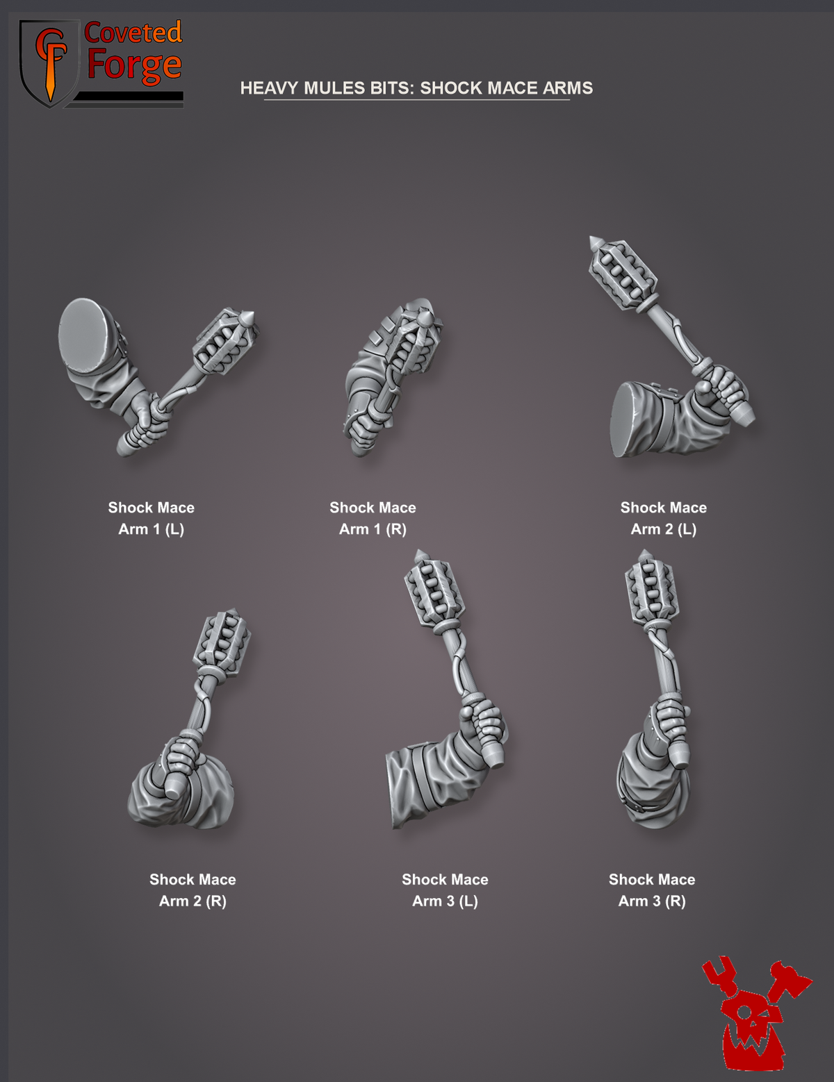 Coveted Forge bits sheet: Shock Mace Arms (3 of 5), Alcat Heavy Mules build kit, every part labelled as in the dropdown