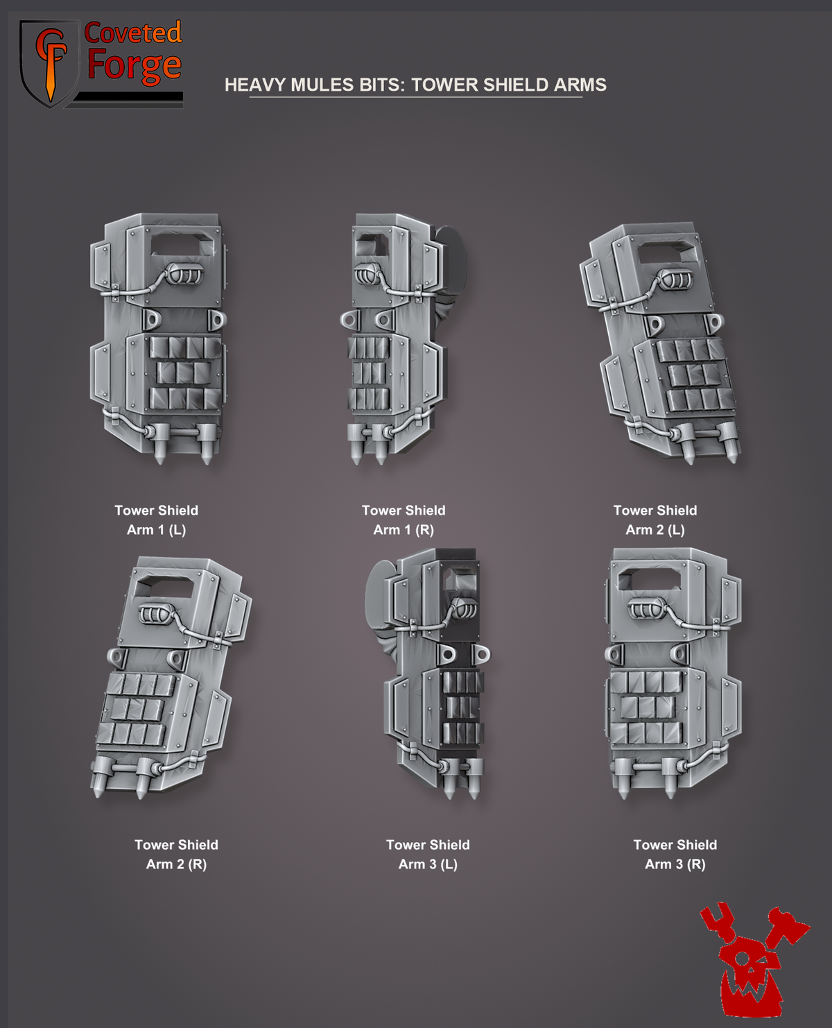 Coveted Forge bits sheet: Tower Shield Arms (4 of 5), Alcat Heavy Mules build kit, every part labelled as in the dropdown