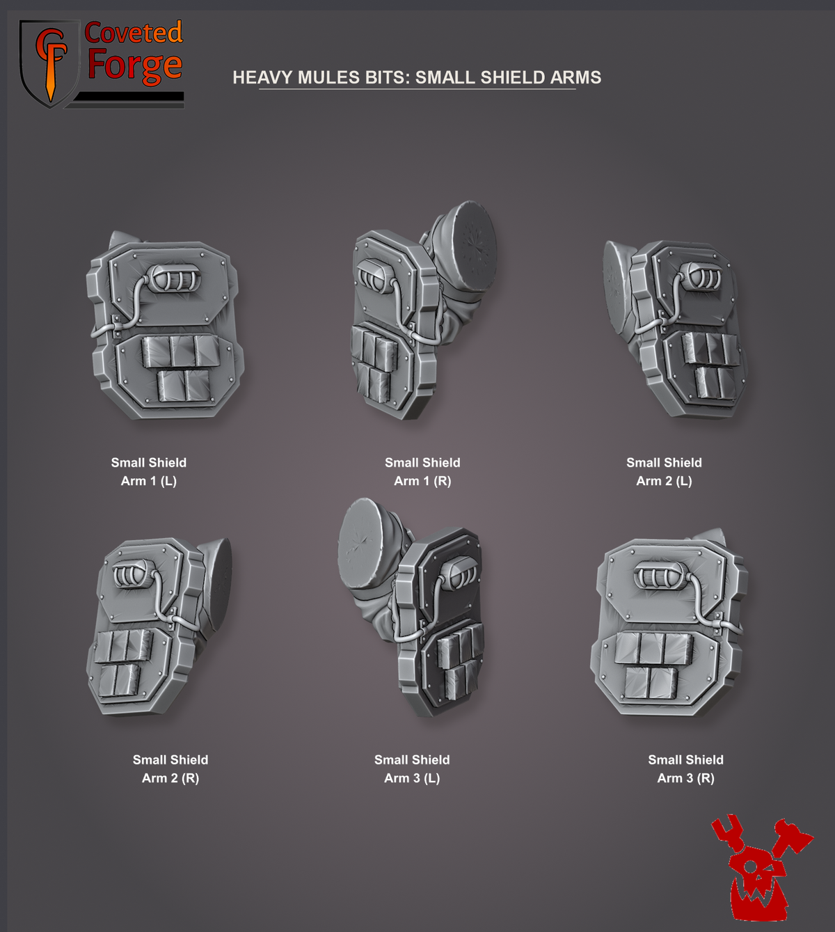 Coveted Forge bits sheet: Small Shield Arms (5 of 5), Alcat Heavy Mules build kit, every part labelled as in the dropdown