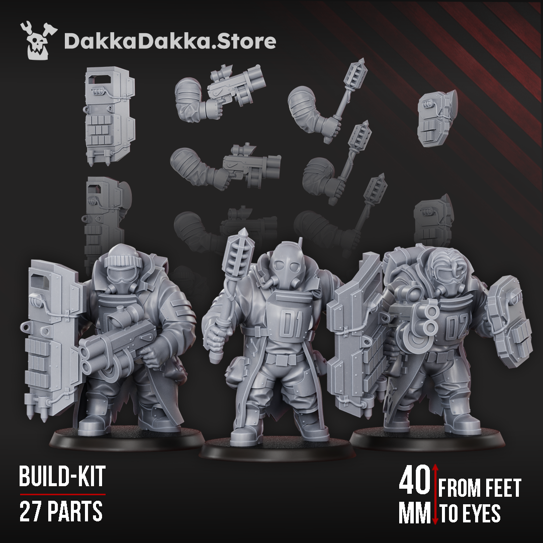 Alcat Heavy Mules build kit, 27 parts: three bodies and 24 arms with grenade launchers, shock maces and riot shields, with three built breachers, Dakka Dakka Store render