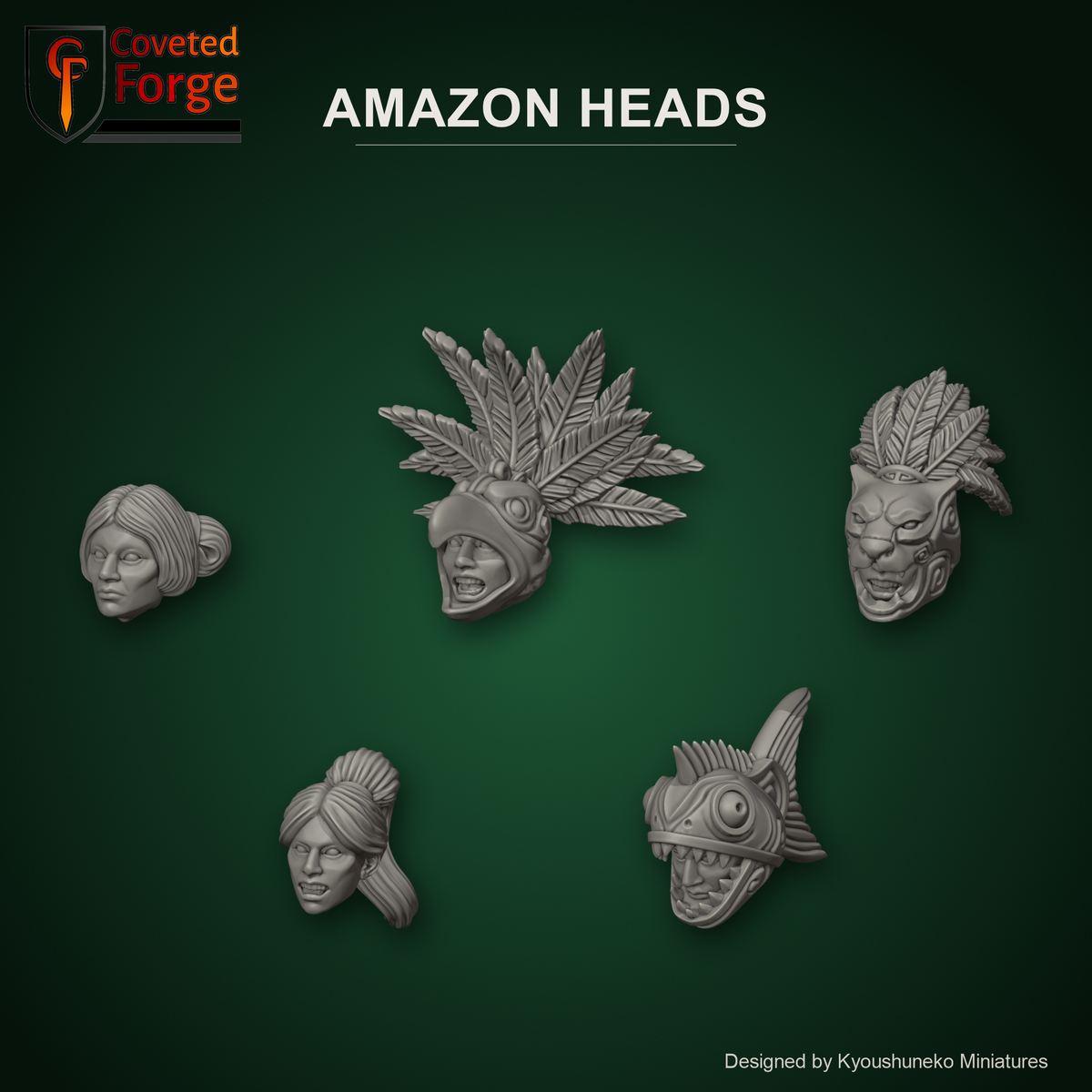 Amazon Heads by Kyoushuneko Miniatures: one head from each of the 5 styles (Warriors and Huntresses, Eagle Warriors, Jaguar Warriors, Beast Tamers and Piranha Warriors) in warm clay on a dark jungle-green backdrop, unpainted 3D-printed resin heads with neck pegs for 28mm, 32mm and 35mm conversions.