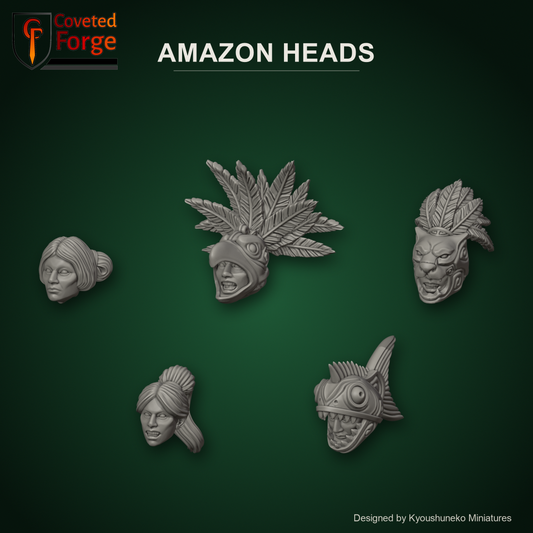 Amazon Heads by Kyoushuneko Miniatures: one head from each of the 5 styles (Warriors and Huntresses, Eagle Warriors, Jaguar Warriors, Beast Tamers and Piranha Warriors) in warm clay on a dark jungle-green backdrop, unpainted 3D-printed resin heads with neck pegs for 28mm, 32mm and 35mm conversions.