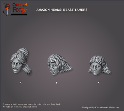 Coveted Forge bits sheet: Heads, Amazon Heads Beast Tamers style guide, 3 different heads lettered A to C to name in the order note, shown at 32mm, resin heads by Kyoushuneko Miniatures.