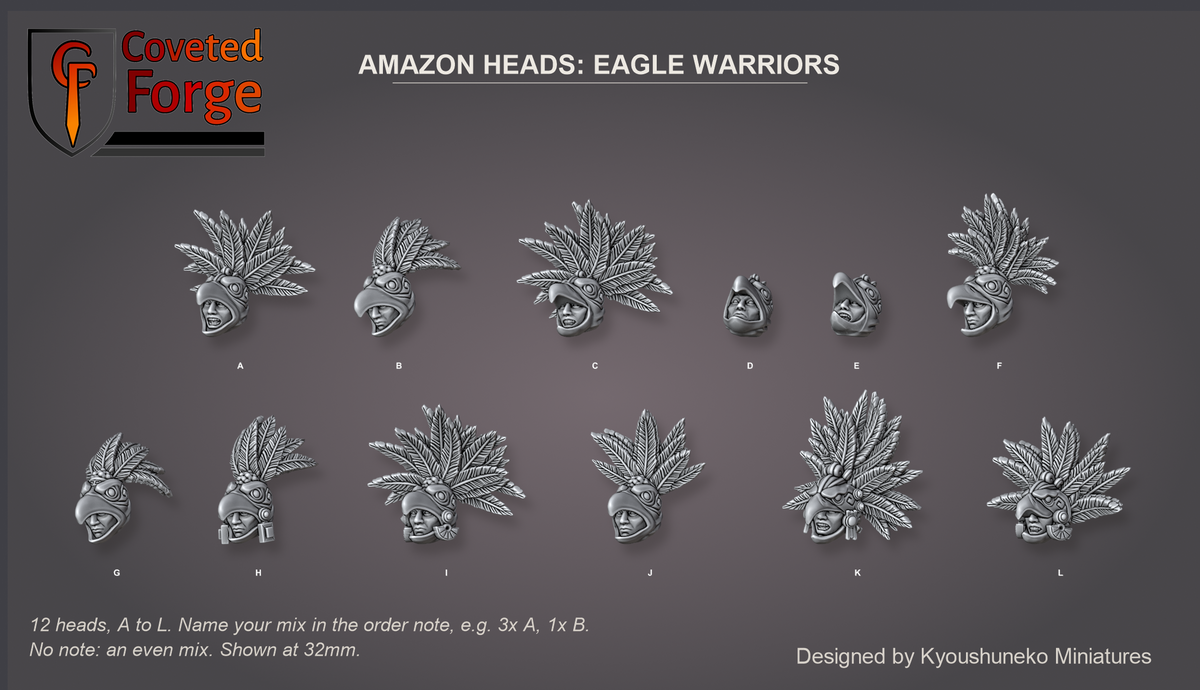 Coveted Forge bits sheet: Heads, Amazon Heads Eagle Warriors style guide, 12 different heads lettered A to L to name in the order note, shown at 32mm, resin heads by Kyoushuneko Miniatures.
