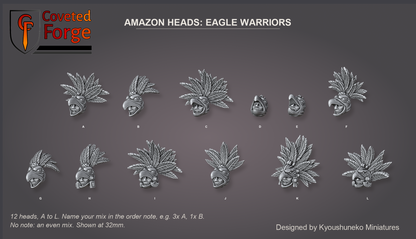 Coveted Forge bits sheet: Heads, Amazon Heads Eagle Warriors style guide, 12 different heads lettered A to L to name in the order note, shown at 32mm, resin heads by Kyoushuneko Miniatures.