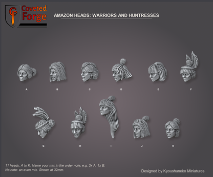 Coveted Forge bits sheet: Heads, Amazon Heads Warriors and Huntresses style guide, 11 different heads lettered A to K to name in the order note, shown at 32mm, resin heads by Kyoushuneko Miniatures.