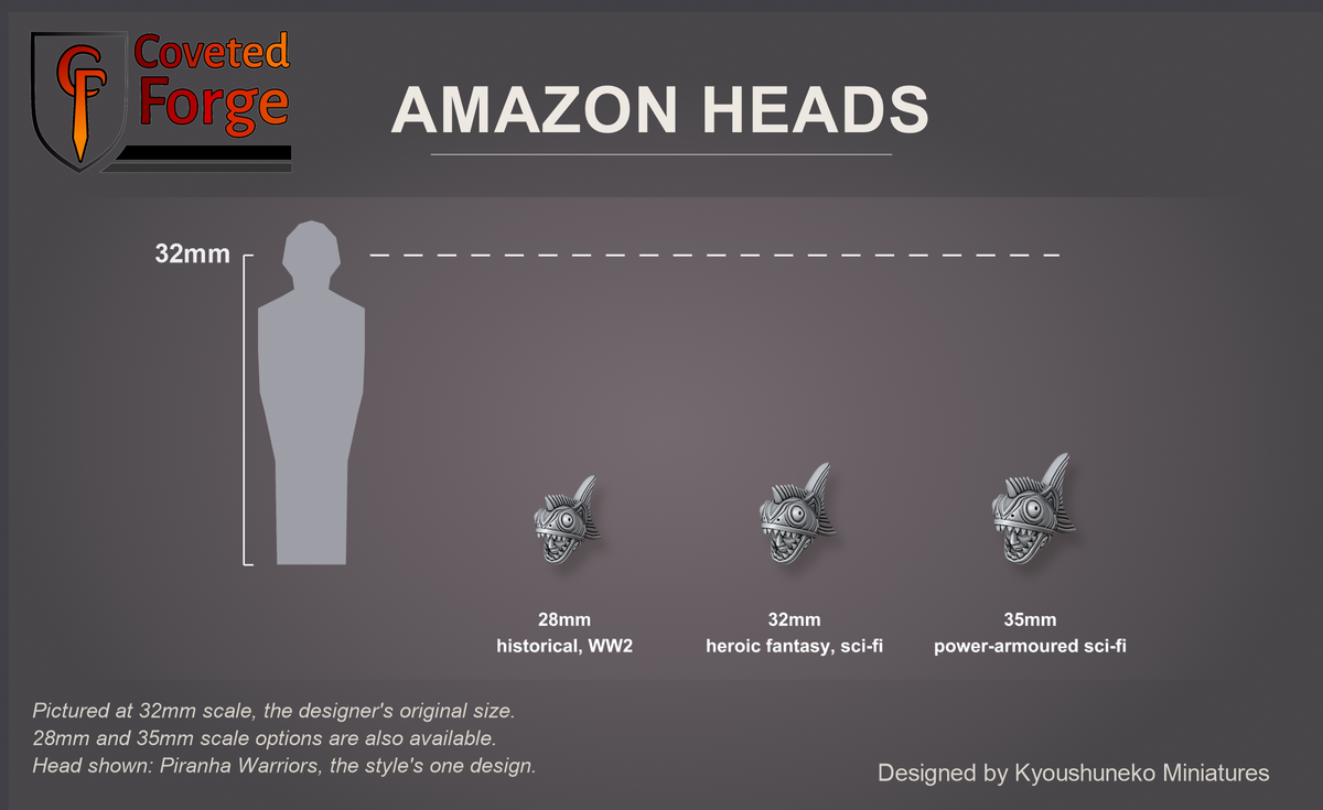 Coveted Forge scale reference: one Amazon Piranha Warriors head, that style's one head design, at 28mm, 32mm and 35mm scale beside a 32mm human silhouette, front three-quarter view, each scale labelled with the ranges it suits; 32mm is the designer's original size, a downscaled 28mm option and an upscaled 35mm option are also available; every head style is the same scale.