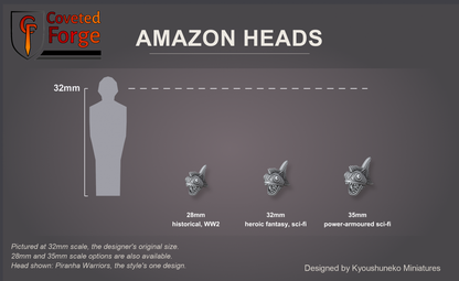 Coveted Forge scale reference: one Amazon Piranha Warriors head, that style's one head design, at 28mm, 32mm and 35mm scale beside a 32mm human silhouette, front three-quarter view, each scale labelled with the ranges it suits; 32mm is the designer's original size, a downscaled 28mm option and an upscaled 35mm option are also available; every head style is the same scale.