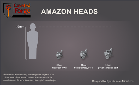 Coveted Forge scale reference: one Amazon Piranha Warriors head, that style's one head design, at 28mm, 32mm and 35mm scale beside a 32mm human silhouette, front three-quarter view, each scale labelled with the ranges it suits; 32mm is the designer's original size, a downscaled 28mm option and an upscaled 35mm option are also available; every head style is the same scale.