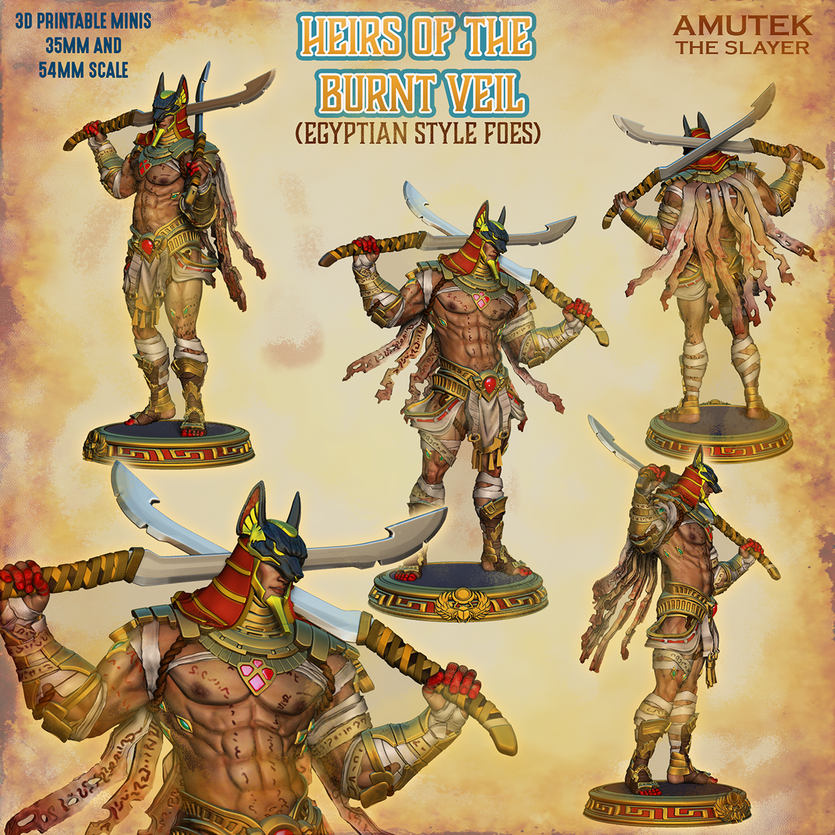 Amutek the Slayer, horned Egyptian beast-warrior with two khopesh blades, painted resin display miniature by Ronin Arts Workshop.