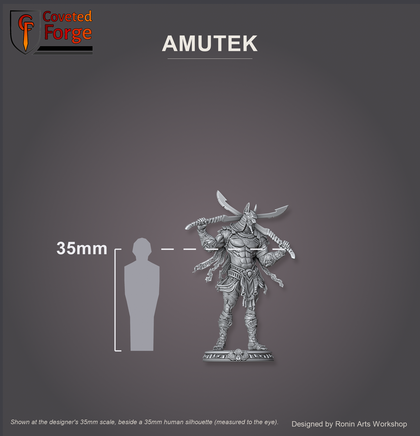 Amutek, The Slayer shown at the designer's 35mm scale, beside a 35mm human silhouette (measured to the eye), feet aligned to the top of the model's base, on a charcoal studio backdrop. Ronin Arts Workshop.
