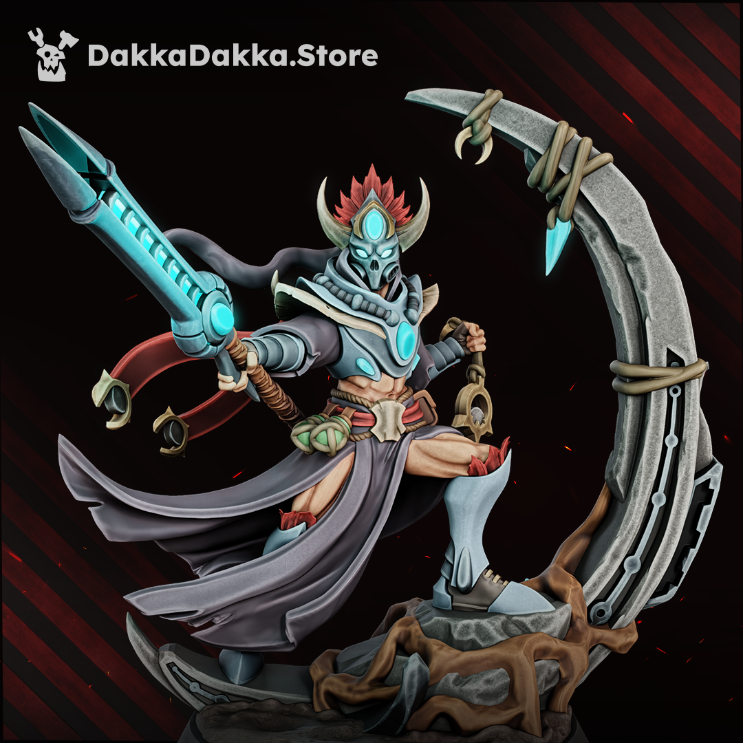 Anchorite Supay The Farstrike, masked alien hunter with a long energy spear on a scenic bone-blade base, front view, 32mm resin miniature by Dakka Dakka Store