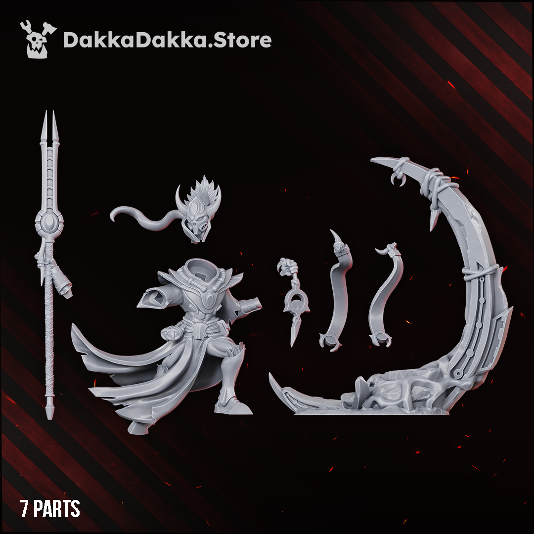 Anchorite Supay The Farstrike parts layout: spear, head, body, talisman hand, two sashes and the bone-blade topper, Dakka Dakka Store render