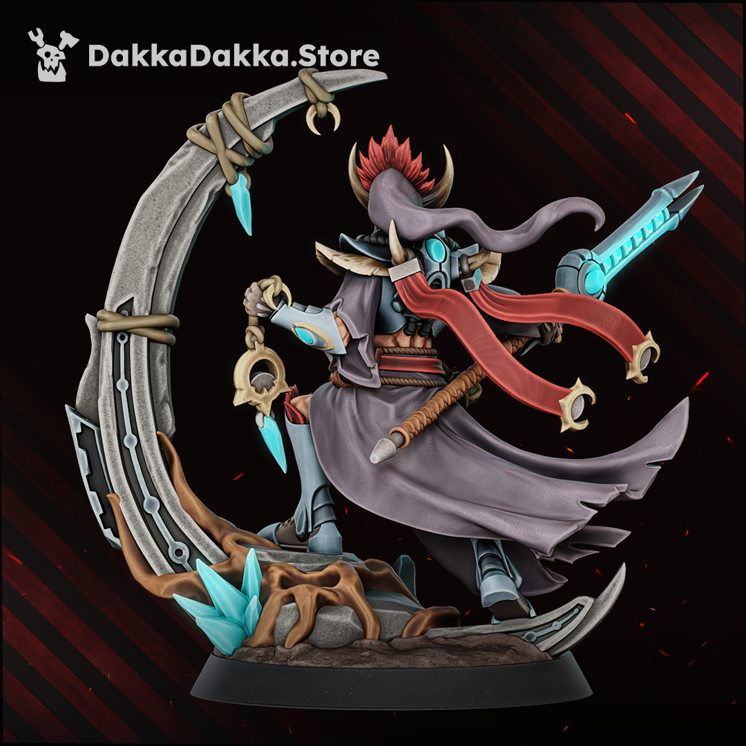 Anchorite Supay The Farstrike rear three-quarter view: flowing cloak, sashes and the cord-bound bone blade, Dakka Dakka Store render