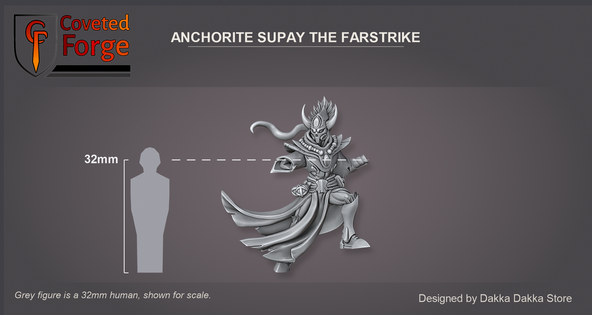 Coveted Forge scale reference: Anchorite Supay The Farstrike, front view, beside a 32mm human silhouette