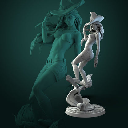 Render of Anita the Young Witch | 32-75mm Fantasy Witch Pin-Up Miniature: Playful young witch pin-up on a flying broom over a swirl of pumpkin magic, by White Werewolf Tavern. 32mm and 75mm 3D printed resin miniature.