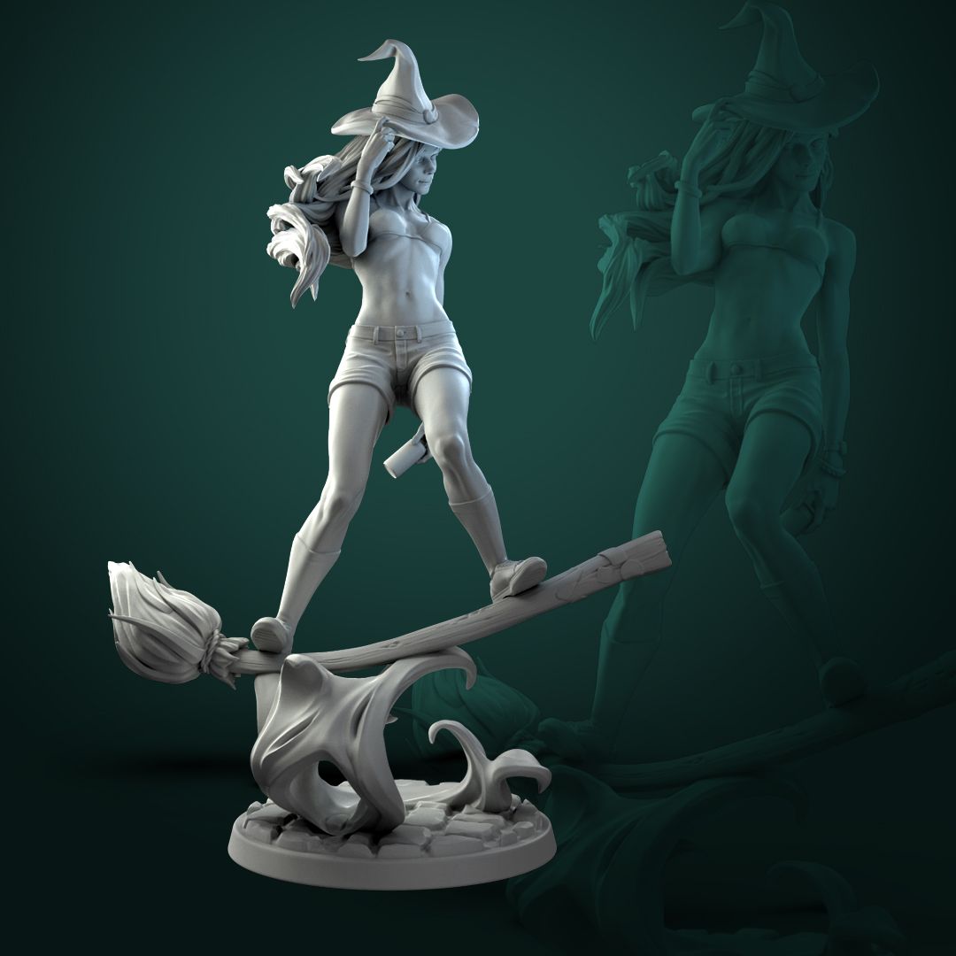 Render of Anita the Young Witch | 32-75mm Fantasy Witch Pin-Up Miniature: Playful young witch pin-up on a flying broom over a swirl of pumpkin magic, by White Werewolf Tavern. 32mm and 75mm 3D printed resin miniature.