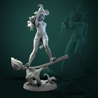 Render of Anita the Young Witch | 32-75mm Fantasy Witch Pin-Up Miniature: Playful young witch pin-up on a flying broom over a swirl of pumpkin magic, by White Werewolf Tavern. 32mm and 75mm 3D printed resin miniature.