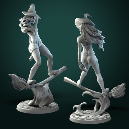 Render of Anita the Young Witch | 32-75mm Fantasy Witch Pin-Up Miniature: Playful young witch pin-up on a flying broom over a swirl of pumpkin magic, by White Werewolf Tavern. 32mm and 75mm 3D printed resin miniature.
