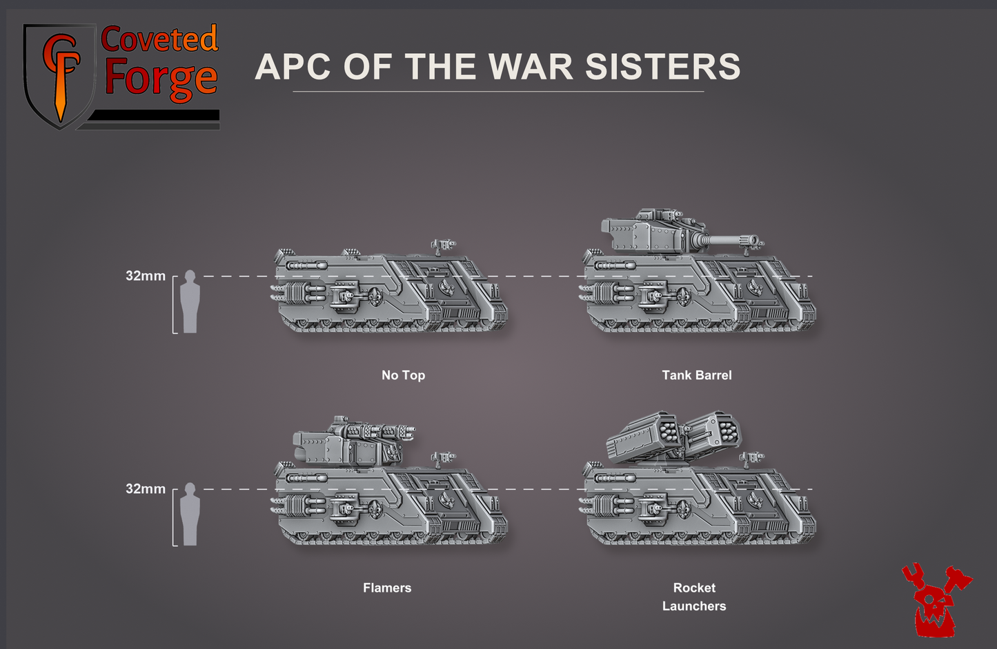 APC of the War Sisters, four turret builds beside a 32mm human for scale