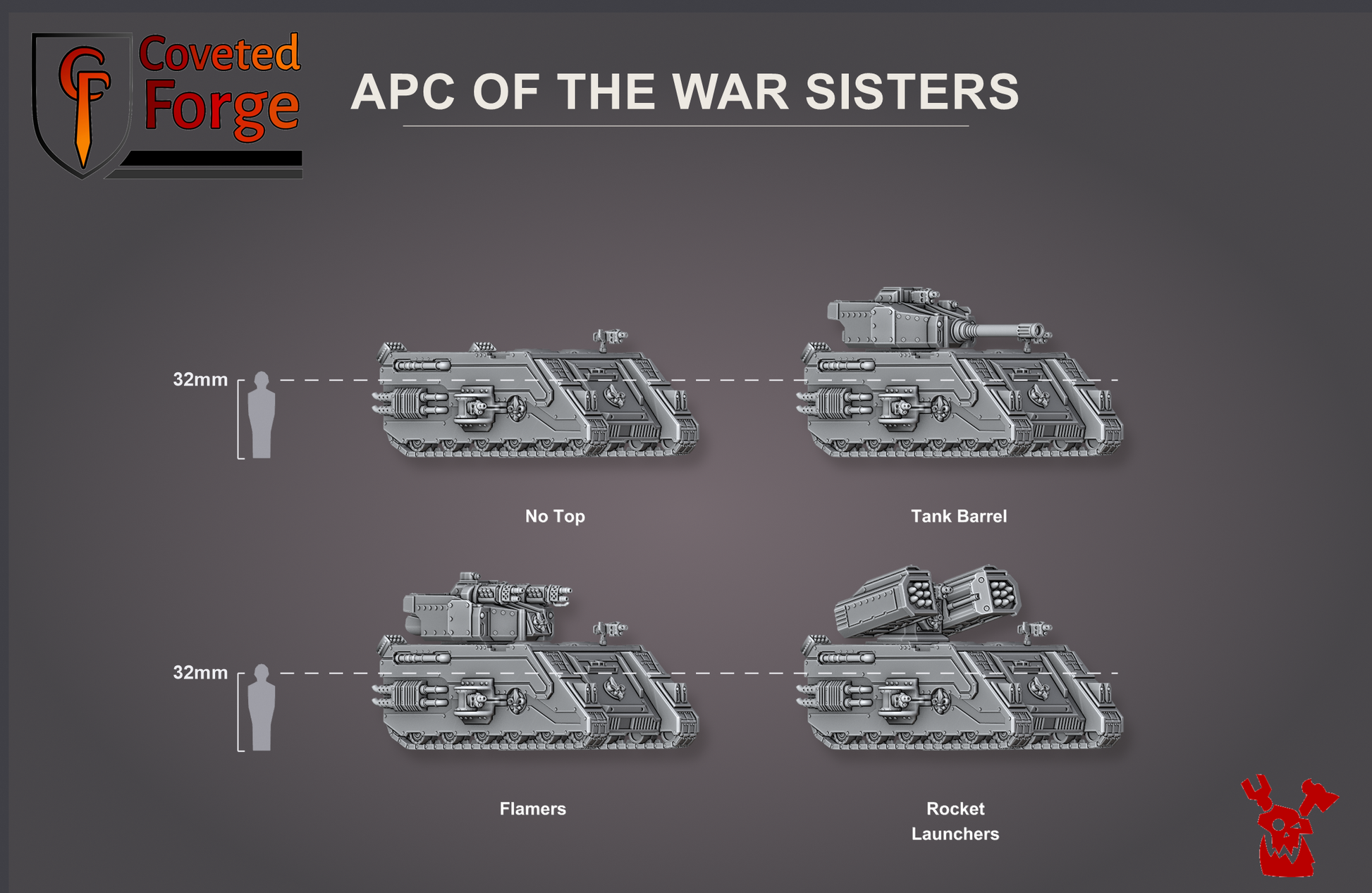 APC of the War Sisters, four turret builds beside a 32mm human for scale